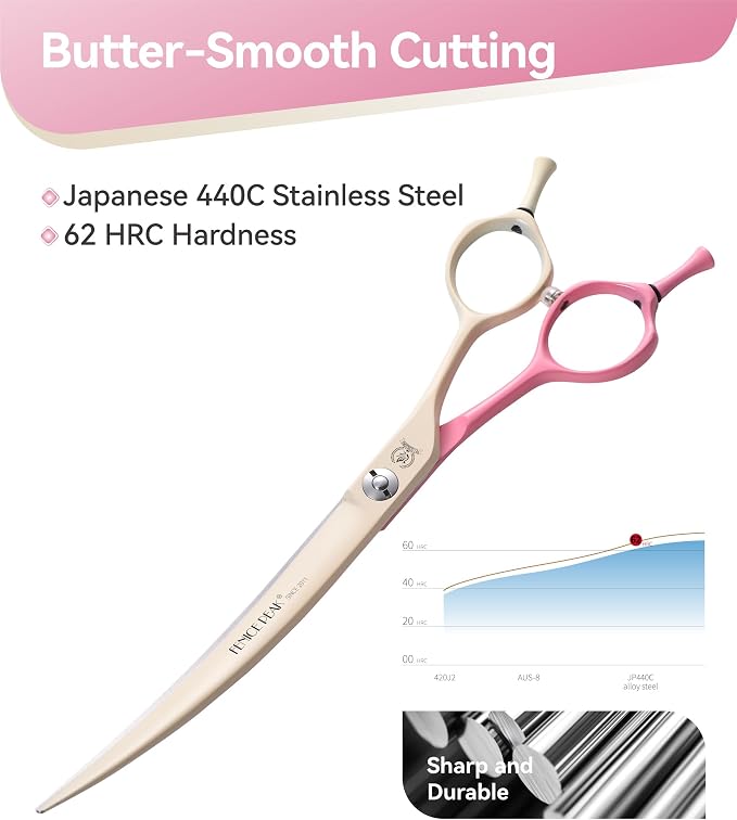 Curved Dog Grooming Scissors with Coating 440C Stainless Steel, 7 inch Professional Curved Shears Dog Grooming，25 Degree of Curved Blade，Pet Shears for Trimming Face and Paws, Pink & White