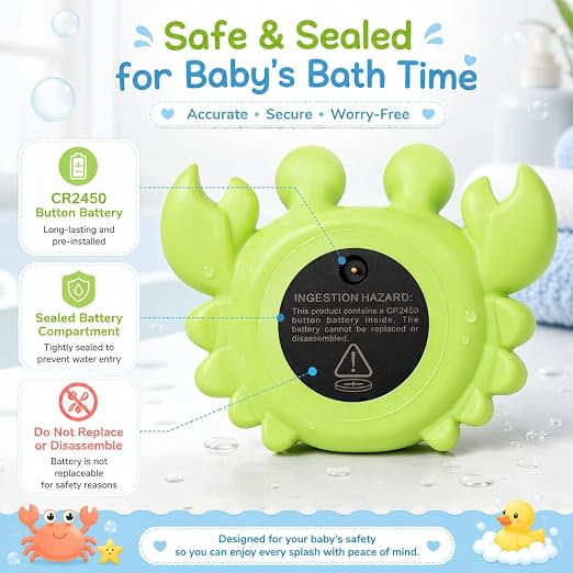 Baby Bathtub Thermometer with LED Display Screen+Green Crab toy-2-in-1 | Color Coded Alarm (Cold/Comfortable/hot) Bath Temperature Monitor, Adorable Floating Toys for Infants, Essential for Babies