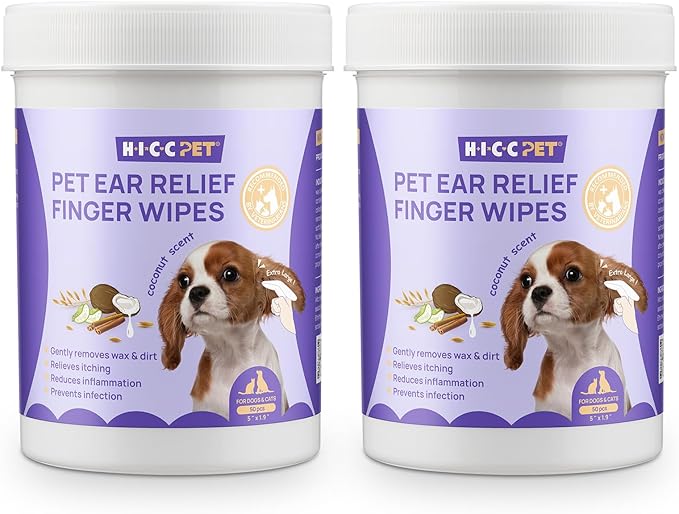 HICC PET Ear Cleaner Finger Wipes for Dogs & Cats, Clean Wax, Dirt & Odor, Soothing Itchy Ears, Gentle and Hypoallergenic Ear Cleaning Wipes for Daily Care-100ct(Coconut Scent)