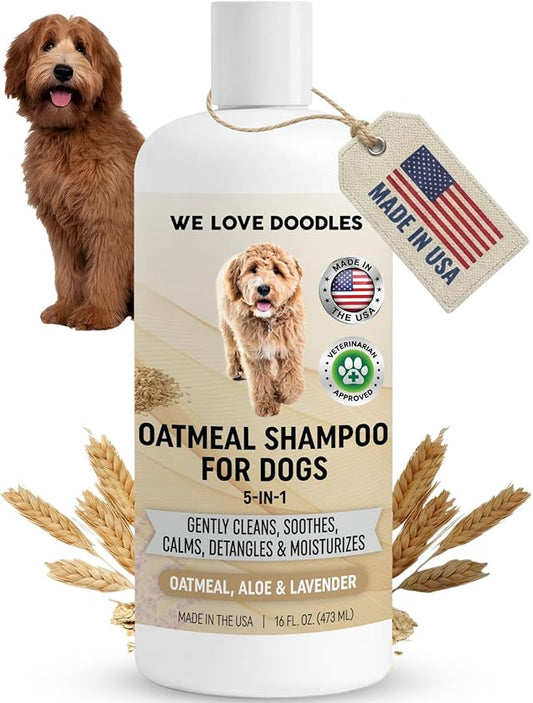 5-in-1 Premium Oatmeal Shampoo for Dogs, Gentle for Itchy & Sensitive Skin, Provides Itch Relief, Hypoallergenic & Soothing for Dry Skin, Moisturizing Anti-Itch, Made in USA, 16 oz [We Love Doodles]