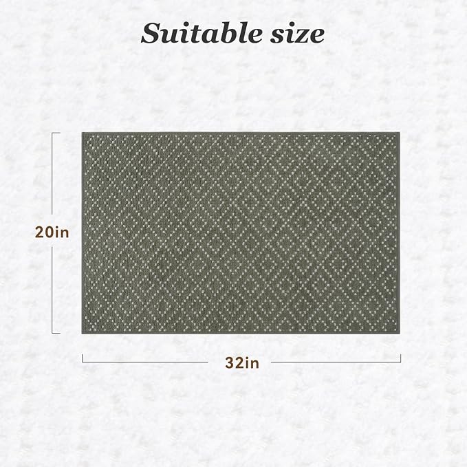 AMOAMI Thin Bath Mat, Super Absorbent Bath Mats for Bathroom, Quick Dry Rubber Backed Bath Rug Non Slip, Chenille Surface Thin Bathroom Rugs Fit Under Door,Low Pile Shower Rug,Green,20" x 32"