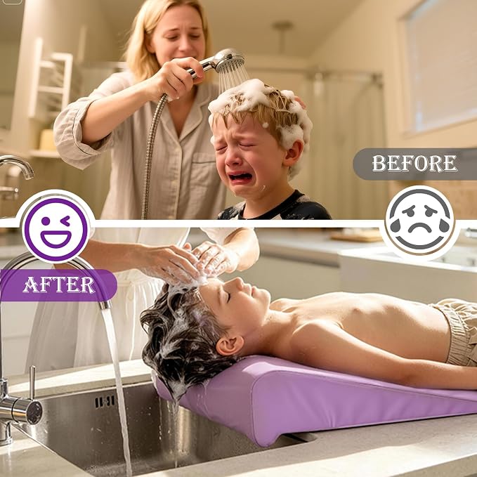 Wibeelee Hair Washing Station for Kids Waterproof Shampoo Foam Mat with Ergonomic Design Non Slip Bath Pillow Sink Soft Neck Support for Easy Hair Wash(Purple)