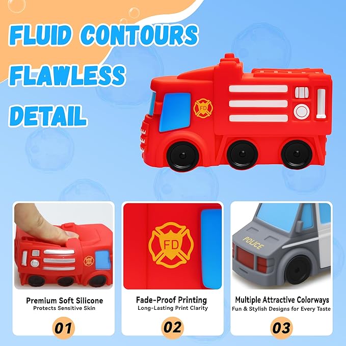 Mold Free Bath Toys with Mesh Storage Organizer, 6 Packs No Hole Baby & Toddler Bathtub Toys: Water Floating Vehicles Truck School Bus Car Toys, Sealed Soft Silicone Rubber Bath Toys for Kids Ages 0+