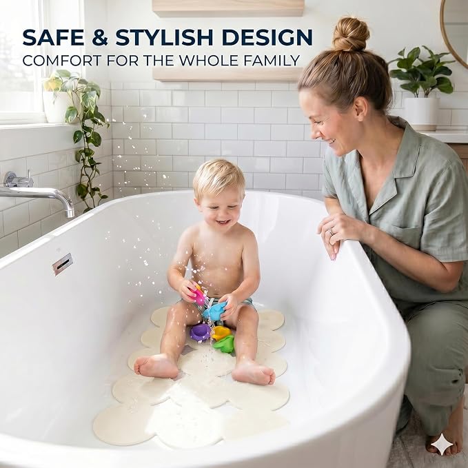 Webos Patented Non Slip Bathtub Mat Shower Bath Mats with Strong Suction Cups Soft Heavy Duty Natural Rubber Superior Grip&Drainage for Inside The tub (Beige, 28x16 inch)