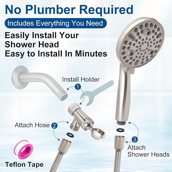Shower Head with Handheld - Extra Long Hose and All Metal Holder, Low Flow | California restrictions Showerhead Built-in Power Wash to Clean Tub,Tile & Pets, Multi Mode Sprayer, Brushed Nickel 1.8GPM