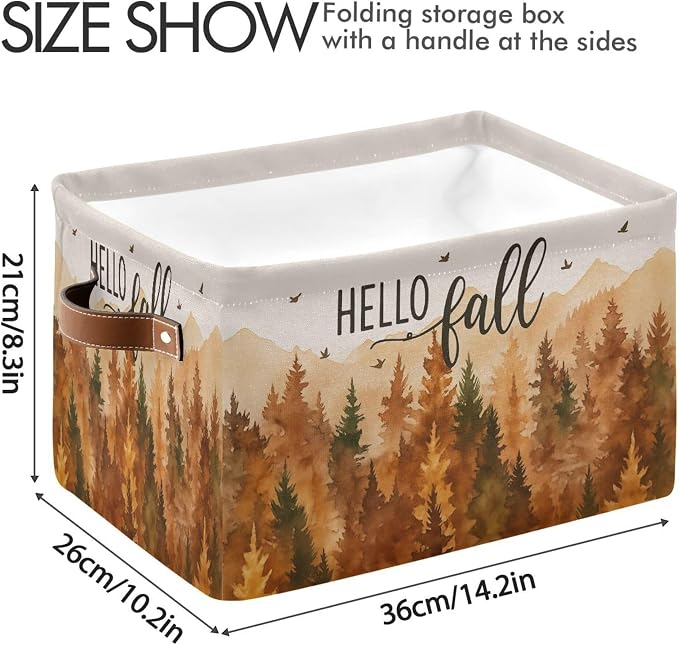 Wamika Hello Fall Forest Storage Basket with Waterproof Liner and PU Handles Maple Leaves Pine Tree Storage Bins Boxes 14.2" Collapsible Decorative Organizer Baskets for Bedroom Closet Office 2 Pack