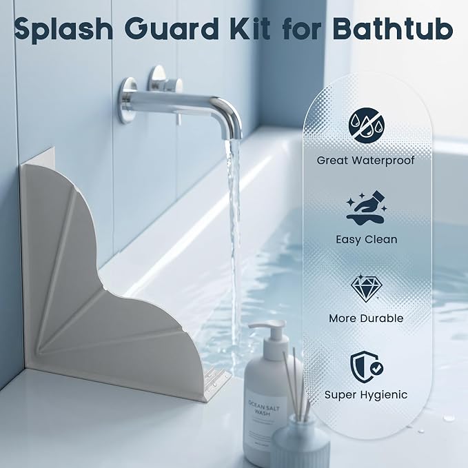 Shower Splash Guard with Suction Cups (Pack of 2), No Adhesive Silicone Splash Guard for Bathtub to Keep Water in Shower, Shower Water Blocker Corner Guards - Gray