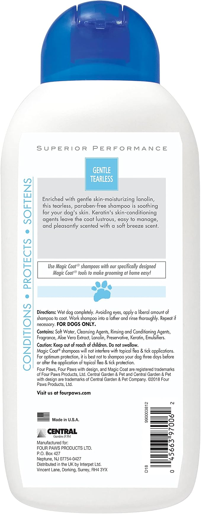 Four Paws Magic Coat Gentle Tearless Dog Shampoo, Soft Breeze Scent, 16 oz | Dog grooming, dog conditioner, with lanolin to moisturize skin & coat, cleanses & strengthens, paraben-free, all coat types