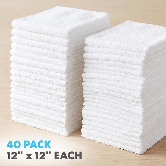 Simpli-Magic Cotton Washcloths White, 40 Pack, Size: 12”x12”