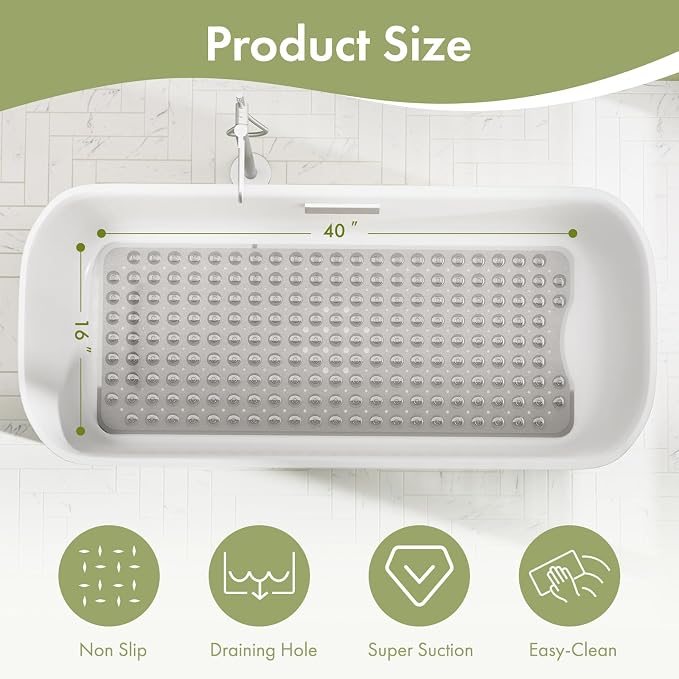 AmazerBath Shower Mat Non Slip 40 x 16 Inches, Shower Stall Mats with Suction Cups and Drain Holes, Non Slip Bath Mat for Tub for Elderly & Kids, Clear Gray
