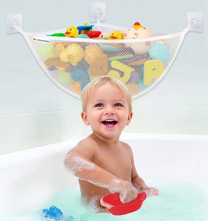 Bath Toy Storage Organizer for Bathtub – Large Mesh Bath Toy Holder & Bath Toy Net, Corner Bathtub Toy Storage with 3 Strong Suction Cups, 3 Adhesive Hooks, Quick-Dry Toy Holder for Tub & Shower