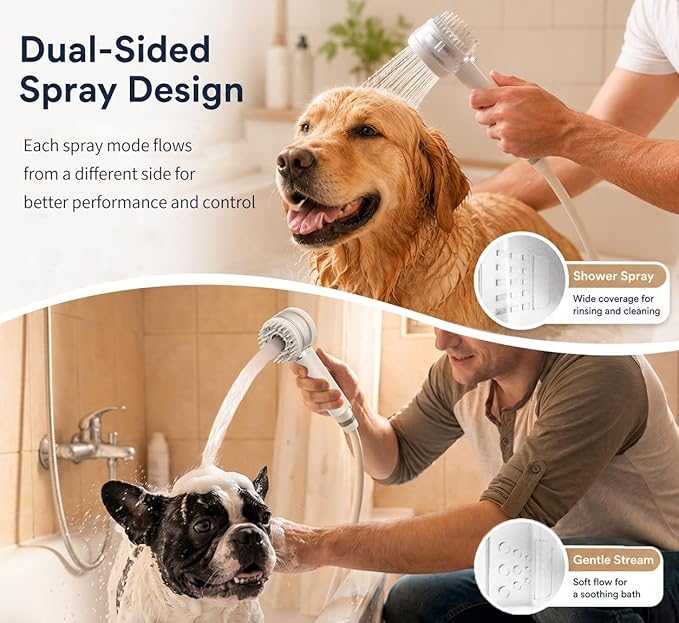 Premium Filtered Dog Shower Attachment, High Pressure Handheld Sprayer with One-Touch Water Control, G1/2" Metal 3-Way Diverter & 100" Hose for Easy Pet Bathing(Silver Spray Face)