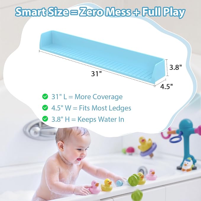 31” Bathtub Splash Guard Shelf with Strong Suction Cups, Silicone Tub Water Guard Organizer for Shampoo & Bath Essentials, No-Mess Spill Protection – Blue
