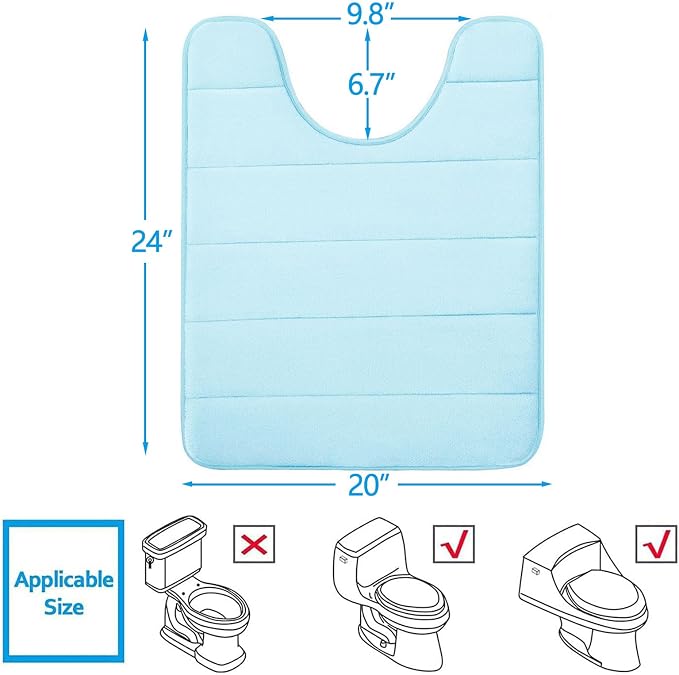 Buganda Memory Foam U-Shaped Contour Toilet Rugs, Absorbent, Thick Soft Washable Bathroom Mat, Floor Carpet Bath Rugs Mat for Toilet Base (24" x 20", Light Blue)