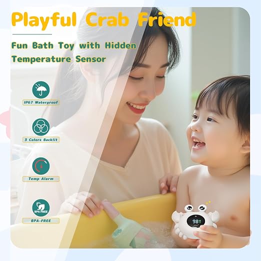 Crab Baby Bath Thermometer Toy - Digital Floating Water Thermometer with LED Display, Color Temperature Alerts & Safe Bath Sensor for Newborn, Infant Bathtub Essentials