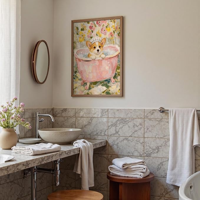 Cute Corgi Bath Time Wall Art Whimsical Floral Bathroom Poster Textured Oil Painting Print of Puppy in Pink Tub Aesthetic Wall Decor for Powder Room Apartment Pet Lover 16X24 in Unframed