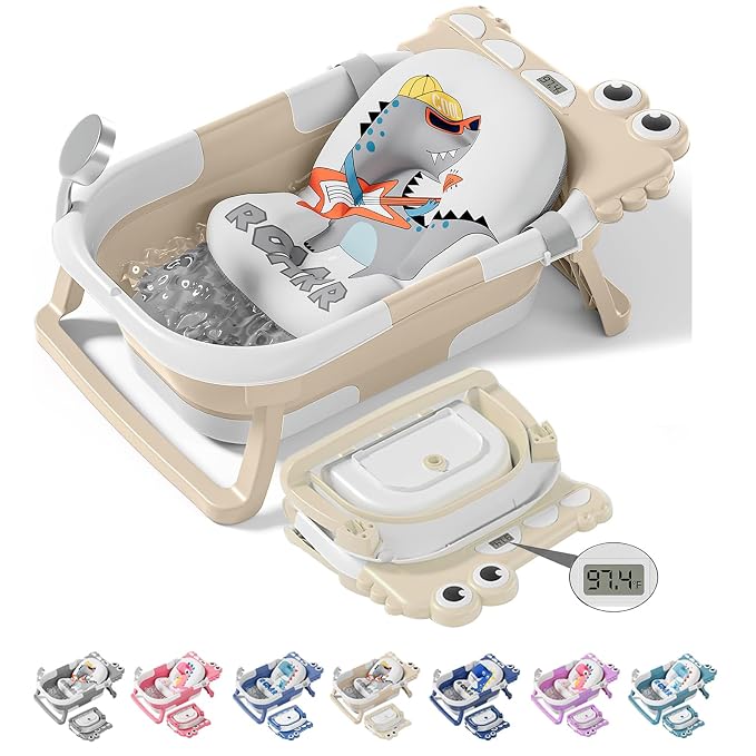 TPN Collapsible Baby Bathtub, Baby Bath Tub with Soft Cushion & Real-Time Thermometer, Baby Bathtub Infant to Toddler Tub (0-36 Months), Portable Newborn Travel Bath Tub