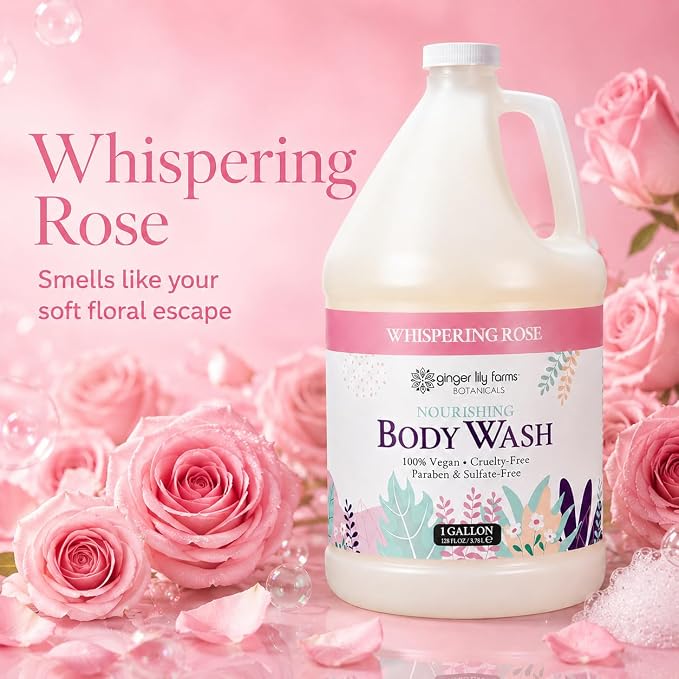 Ginger Lily Farms Botanicals Nourishing Body Wash, 100% Vegan & Cruelty-Free, Whispering Rose Scent, 1 Gallon (Pack of 4)