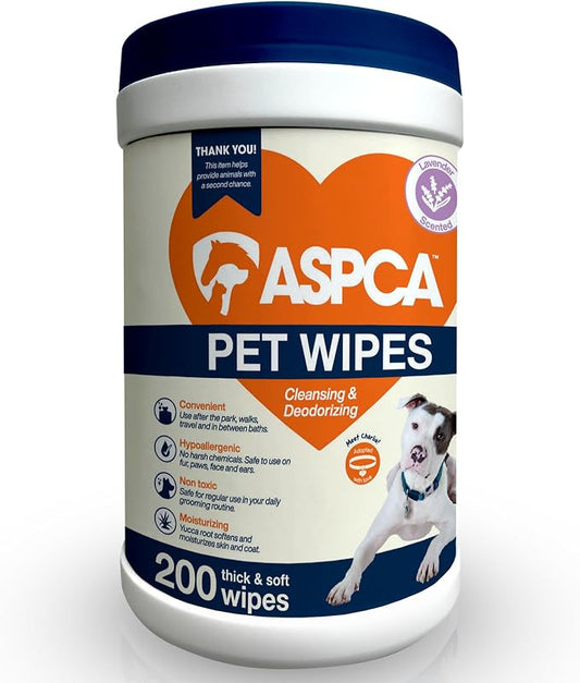 ASPCA-Pet Cleansing Wipes Canister | Resealable Pet Wipes for Paws, Face, Ears & Coat | No-Rinse Grooming Solution | Gentle Daily Cleaning for Pets | Thick, Soft & Chemical-Free | Lavender | 200 Count