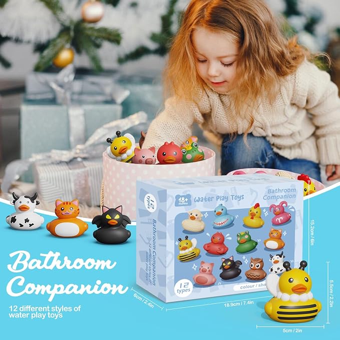 12PCS Rubber Ducks,Toddler Bath Toys,No Hole Bathtub Toys,Baby Pool Toys for 18 Months and Older