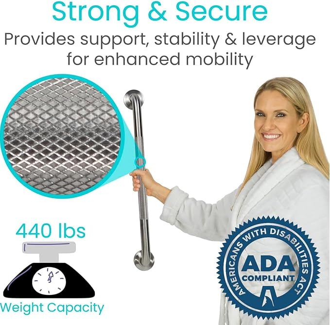 Vive Textured Shower Bars for Elderly | Metal Bathroom Safety Rail, Anti-Slip Shower Handle, Stainless Steel Wall Handrail, Heavy Duty Handicap Support, 440 lb