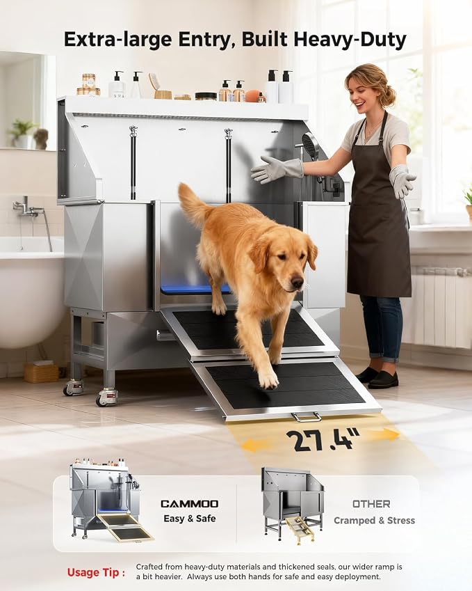 CAMMOO 50'' Dog Bathing Station - 304 Stainless Steel, Leak-Proof Deep Soak, Dog Bathing Station, 27.4" Wide Ramp, Swivel Wheels, Dog Grooming Tub, Piano-Key Faucet, 2 Drawers for Medium & Small Pets