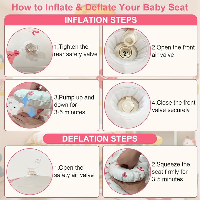 Inflatable Baby Seat for Babies 3-36 Months, Baby Chair with Fence & Built in Air Pump, Blow Up Floor Baby Seat with Back Support, Inflatable Baby Chair Sit Me Up for Home Pink Rabbit-Tray