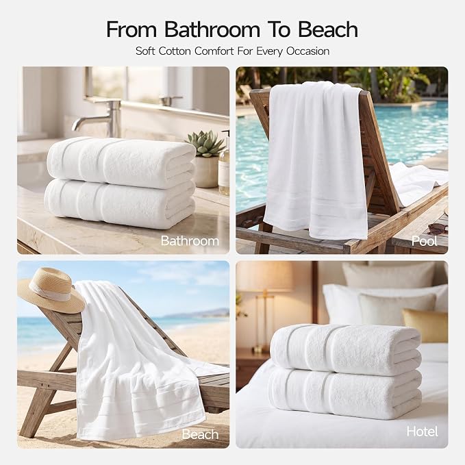 REDKISS 2 Pack Bath Towels Set, 35 X 70 Inches Oversized Bath Sheets, White | 100% Cotton, Ultra Soft, Super Absorbent, Quick Dry Large Bathroom Towels for Bathroom, Gym, Spa, Pool, Hotel & Family Use