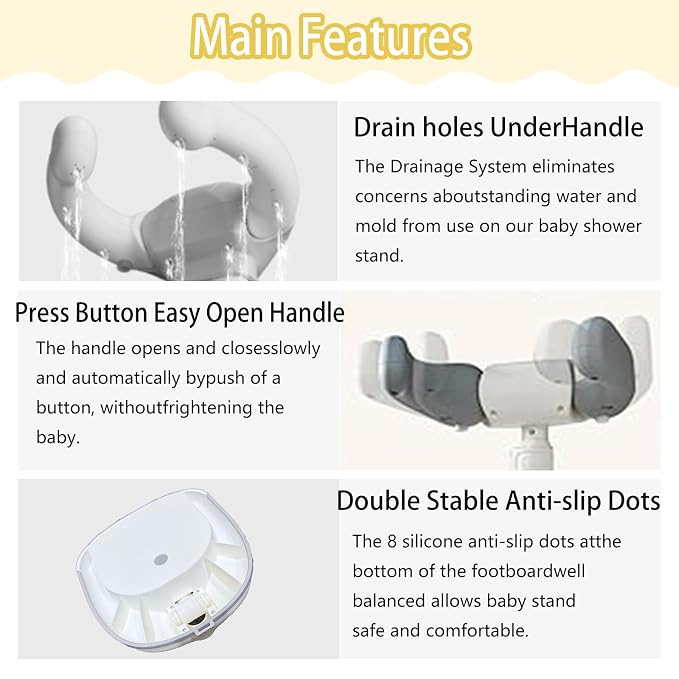 Baby Shower Stand for Bathing Adjustable Toddler Shower Tower with Backrest, Anti-Slip Base & Shower Head Holder, Infant Bath Support Seat for 6-60 Months, Easy Install & Drain
