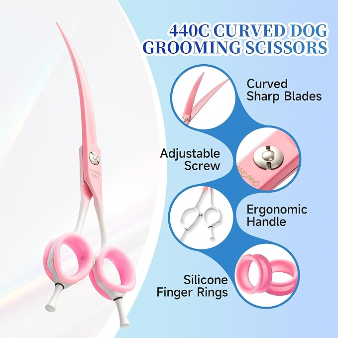 7'' Curved Dog Grooming Scissors Pink to White Gradient | 440C Stainless Steel, Sharp Durable, Professional or Home Use,Ergonomic Handle with 2 Silicone Finger Rings