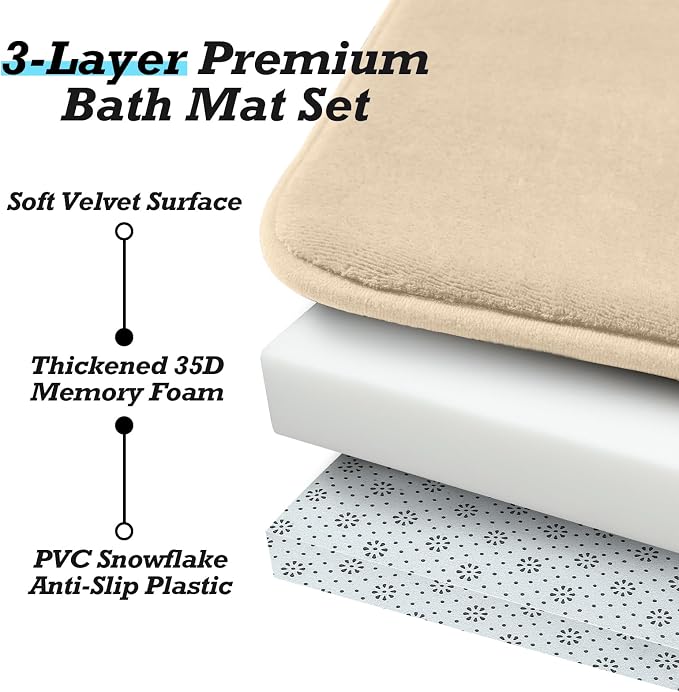 HUXMEYSON Bathroom Rugs Sets 3 Piece, Non-Slip & Quick Dry Bath Mat Set, Ultra Soft Velvet Bath Rugs for Bathroom, Toilet and Shower Floor, Light Coffee