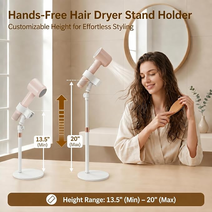 Hair Dryer Stand Holder, Hands-Free Adjustable Countertop Stand, Stable Round Base, 360° Rotating Ball Joint, Fits Most Hair Dryers, White