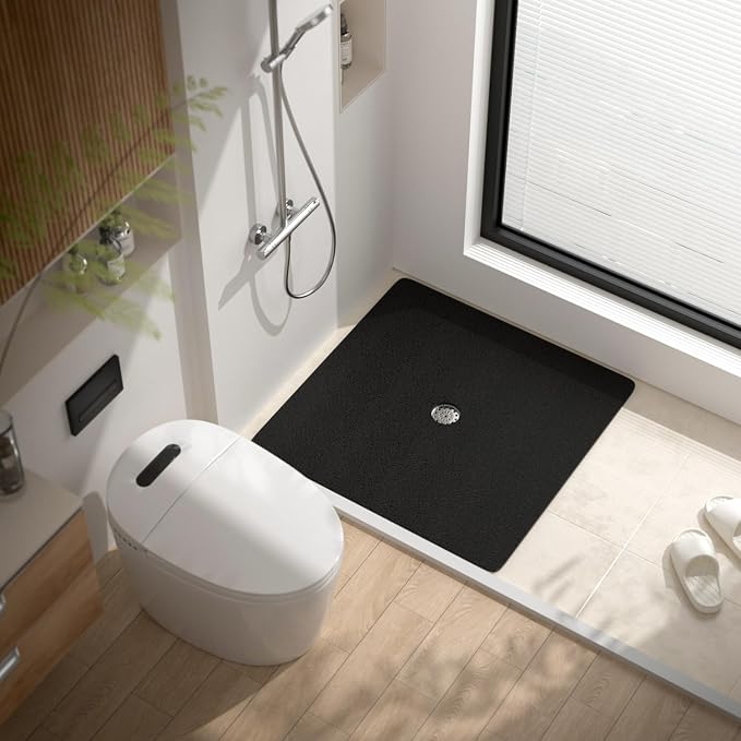 HITSLAM Square Shower Mat, 36 x 36 Inch Non Slip Bath Mat for Tub, Soft PVC Loofah Bathtub Mats with Drain Holes, Quick Drying Bathroom Stall Floor Mat, Bathroom Accessories Without Suction Cup, Black