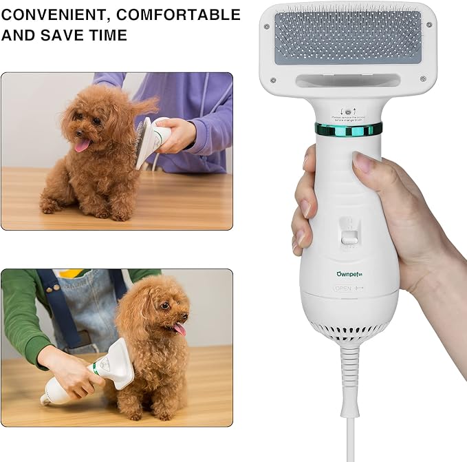Ownpets Pet Hair Dryer, 2 in 1 Quiet Portable Pet Grooming Blower with Slicker Brush, Adjustable Temperature & Fast-Drying Towel, Home Pet Care for Dogs, Cats & Other Coated Breed