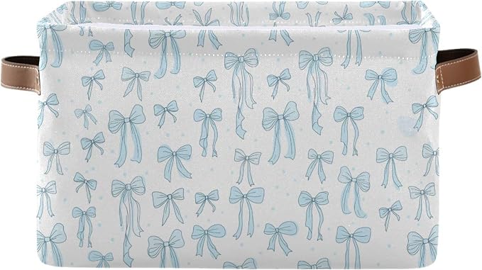 Wamika Bow Blue Storage Basket with Waterproof Liner and PU Handles Bowknot Cute White Storage Bins Boxes 14.2" Collapsible Decorative Organizer Baskets for Bedroom Closet Office 1 Pack
