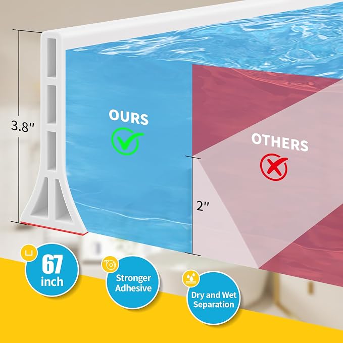 3.8'' High Shower Threshold Water Dam 39 Inch Collapsible Self Adhesive Shower Water Splash Guard Shower Water Blocker Wet and Dry Separation for Bathroom (67 Inch, White)