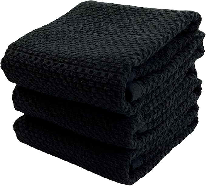 Serafina Home Black Textured Kitchen Hand Dish Towels 100% Cotton Cloth Soft Cleaning Drying Absorbent Terry Loop: Set of 3 Multipurpose for Everyday Use