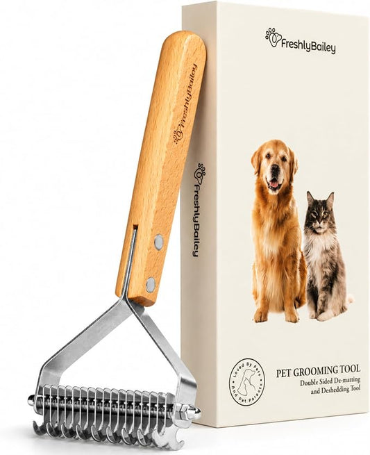 Dematting and Deshedding Comb for Dogs and Cats, 2-Sided Undercoat Rake | for medium to long coats to loosen mats and remove loose undercoat hair