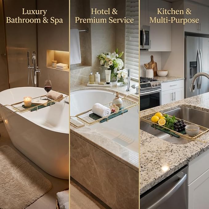 Bathtub Tray Caddy for Luxury Bath, Stainless Steel 26.8-35.4 in Expandable Extra Wide Bath Tub Tray with Natural Marble and Mobile/Tablet Stand, Ideal for Home Spa Lovers (Gold + Green)