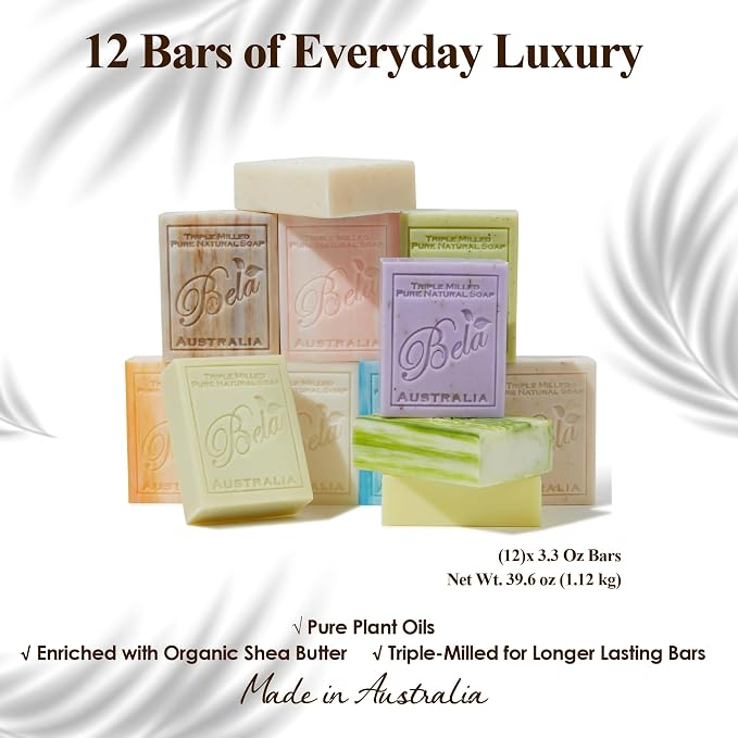BELA Triple Milled Soap Variety Pack 3.3 OZ Pack of 12, Long Lasting French Triple Milled Bar Soap with Organic Shea Butter, Hand, Face and Body Soap Bar, Made in Australia
