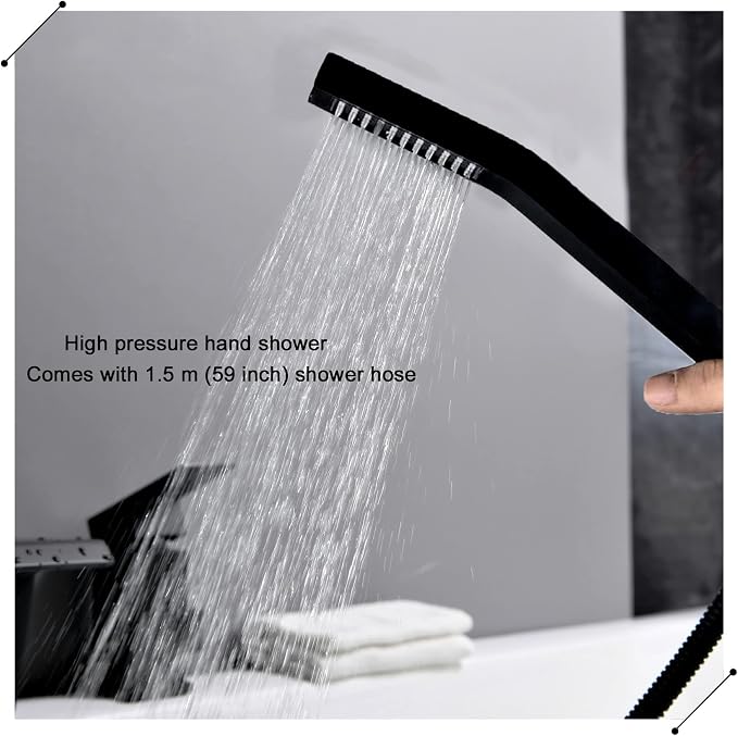 Waterfall Roman Tub Faucet with Hand Shower Matte Black 3 Hole Bathtub Faucet with Sprayer Deck Mount Bath Tub Filler Set