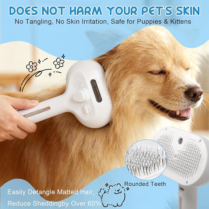Fresh Fur Shower Brush,3 in 1 Pet Steam Brush,Spray Hair Removal Comb for Cats ＆ Dogs - Deshedding＆ Grooming (White)