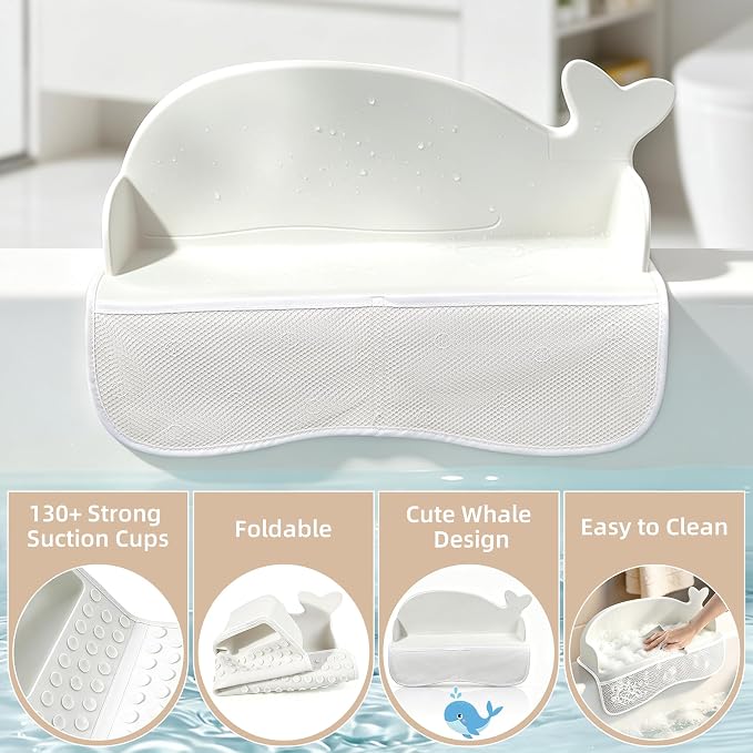 MCGMITT Splash Guard for Bathtub, Whale Silicone Bath Shelf for Kid, Bath Toys Storage with 130 Suction Cups, Leak-Proof Foldable Toddler Tub Water Barrier, Prevent Water Spills in Bathroom