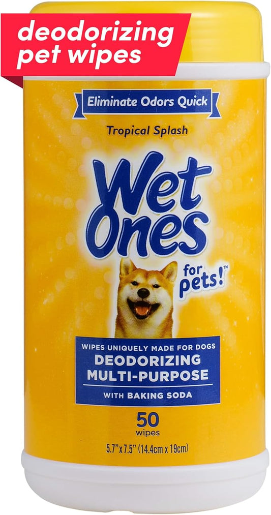 Wet Ones for Pets Deodorizing Dog Wipes with Baking Soda, Tropical Splash Scent - Multipurpose Deodorizing Pet Grooming Wipes in Resealable Canister, 50 Count
