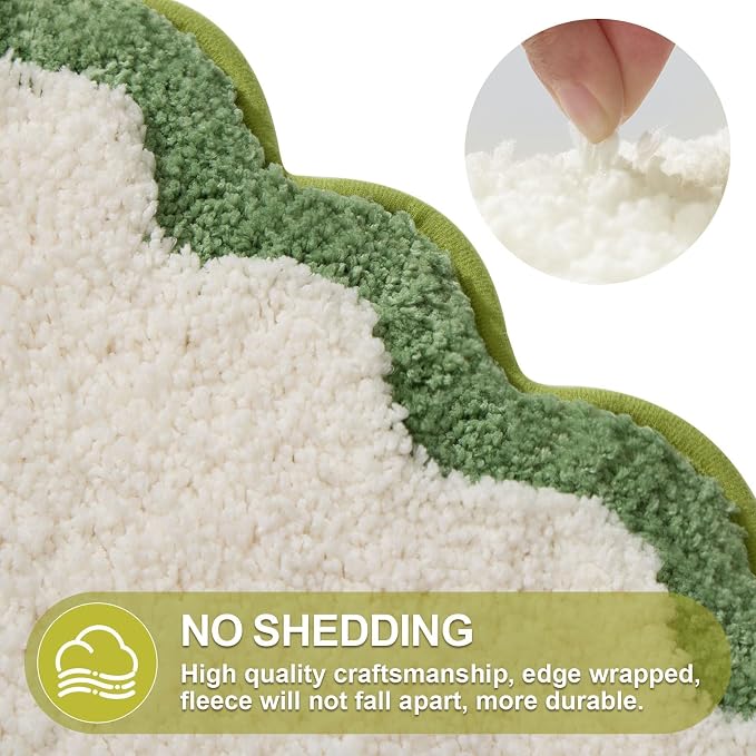 ORTIGIA Small Cute Scalloped Bath Mat, White and Green Plush Microfiber Scallop Bathroom Rugs Non Slip Washable Quick Dry Absorbent, Bathmat for Shower Stall Vanities Kitchen Floor Entrance, 17x24