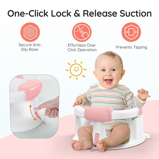 Baby Bath Seat for Babies Sitting Up, Non-Slip Baby Bath Chair with Strong Suction Cups, Lockable Armrest & High Back 360° Safety Support, Ideal for Active Toddlers 6-24 Months, Pink