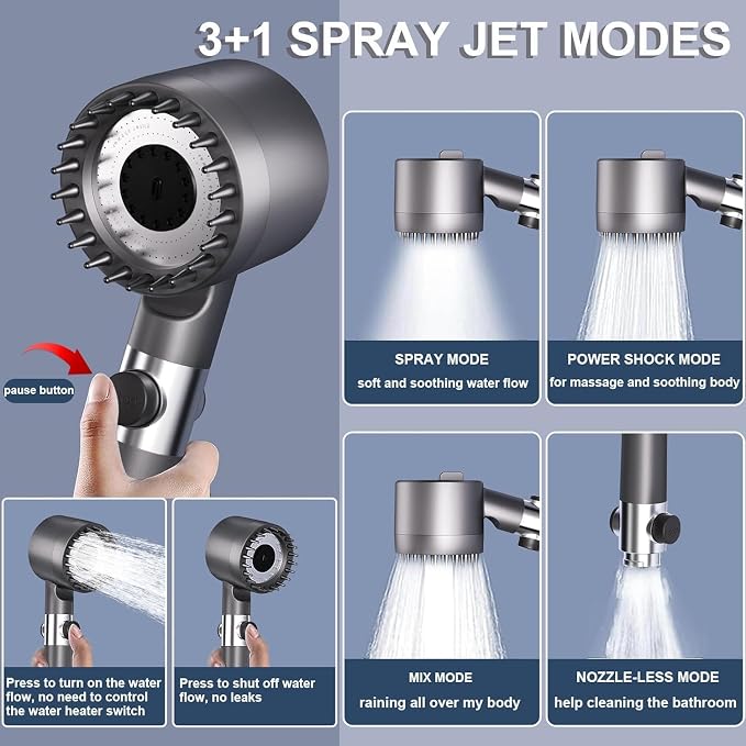 Ion Drops Shower Head, Shower Head High Pressure, Ion Showerhead with Handheld and 3 Filters, 4 Spray Modes & Pause Switch, Silicone Scalp Massager, 59" Hose & Bracket for Hard Water & Pets