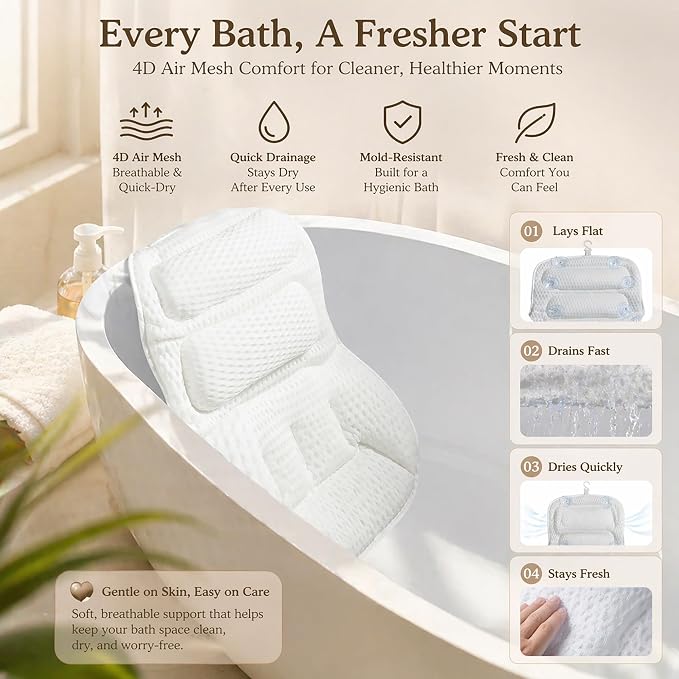 Luxury Bath Pillow for Tub, with 10 Strong Suction Cups, Non-Slip Bathtub Pillow for Head Neck & Back Support, Extra Large 21” Spa Bath Pillow, 4D Air Mesh Quick-Dry, Gift for Women(White)