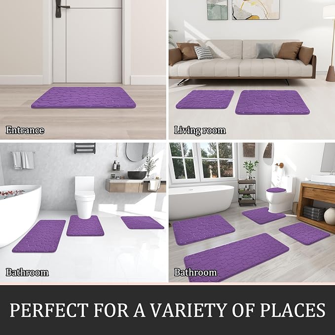 YIHOUSE Bathroom Rugs Mat Set, Memory Foam Bath Mat 3 Piece Purple | U Shape+Small Mat, Non Slip, Water Absorbent, Washable, Bath Mat For Bathroom, Sink and Toilet