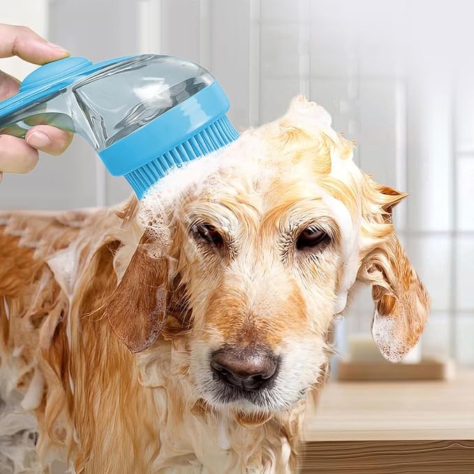 1PCS Pet Bath Brush with Soap Dispenser New 2 in 1 Shampoo Brush for Dogs Bath Dog Soap Brush Bathing Dog Grooming Massage Brushes for Long Short Haired Dogs Cats Pet Shower (Blue)
